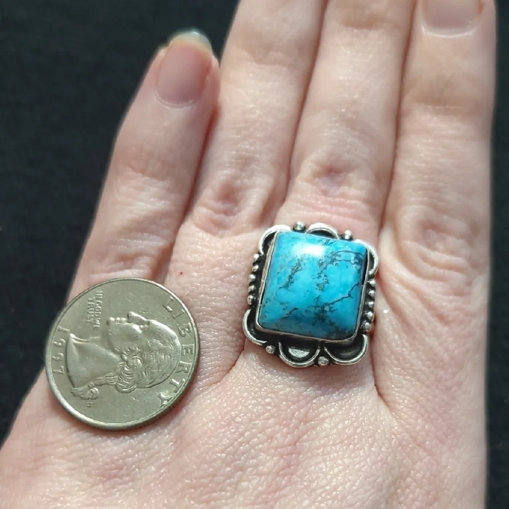 Silver Plated Blue Turquoise Gemstone Square Statement Ring - Size 8-10